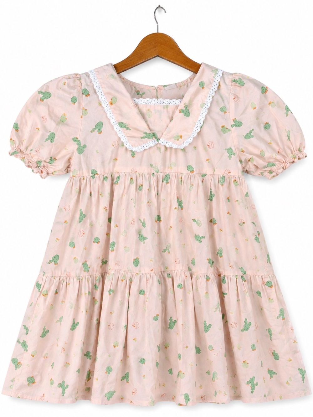 Frog Prince Girls Size 10 Pink & Green Cactus Print 100% Cotton Dress Lace Trim